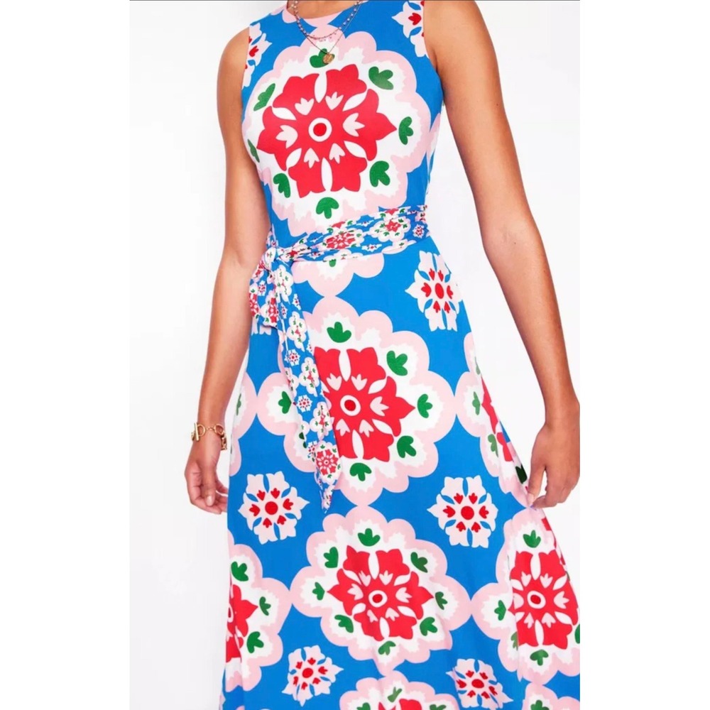 Boden Grown On Tie Trapeze Dress Blue Medallion Floral Maxi Dress Pockets 8P